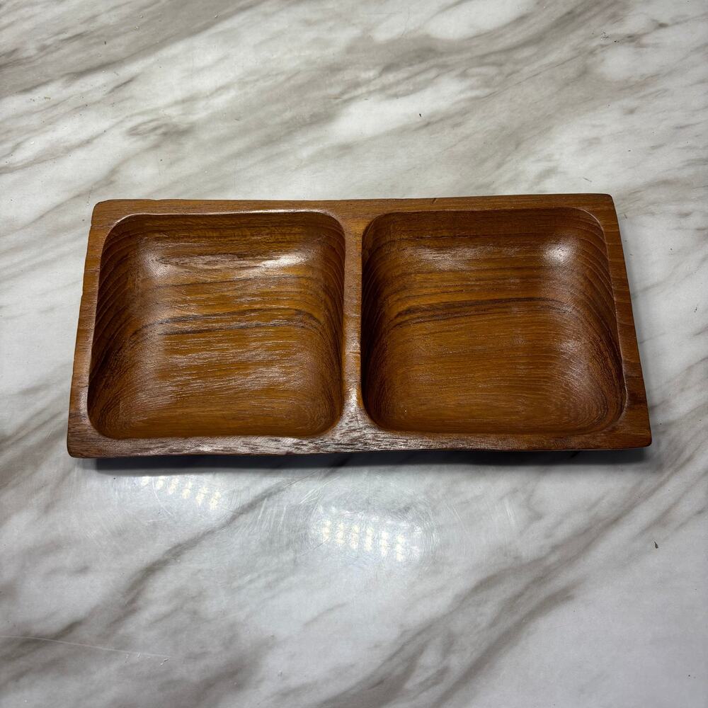 Vintage Thailand Teak Wood Double Compartment Tray